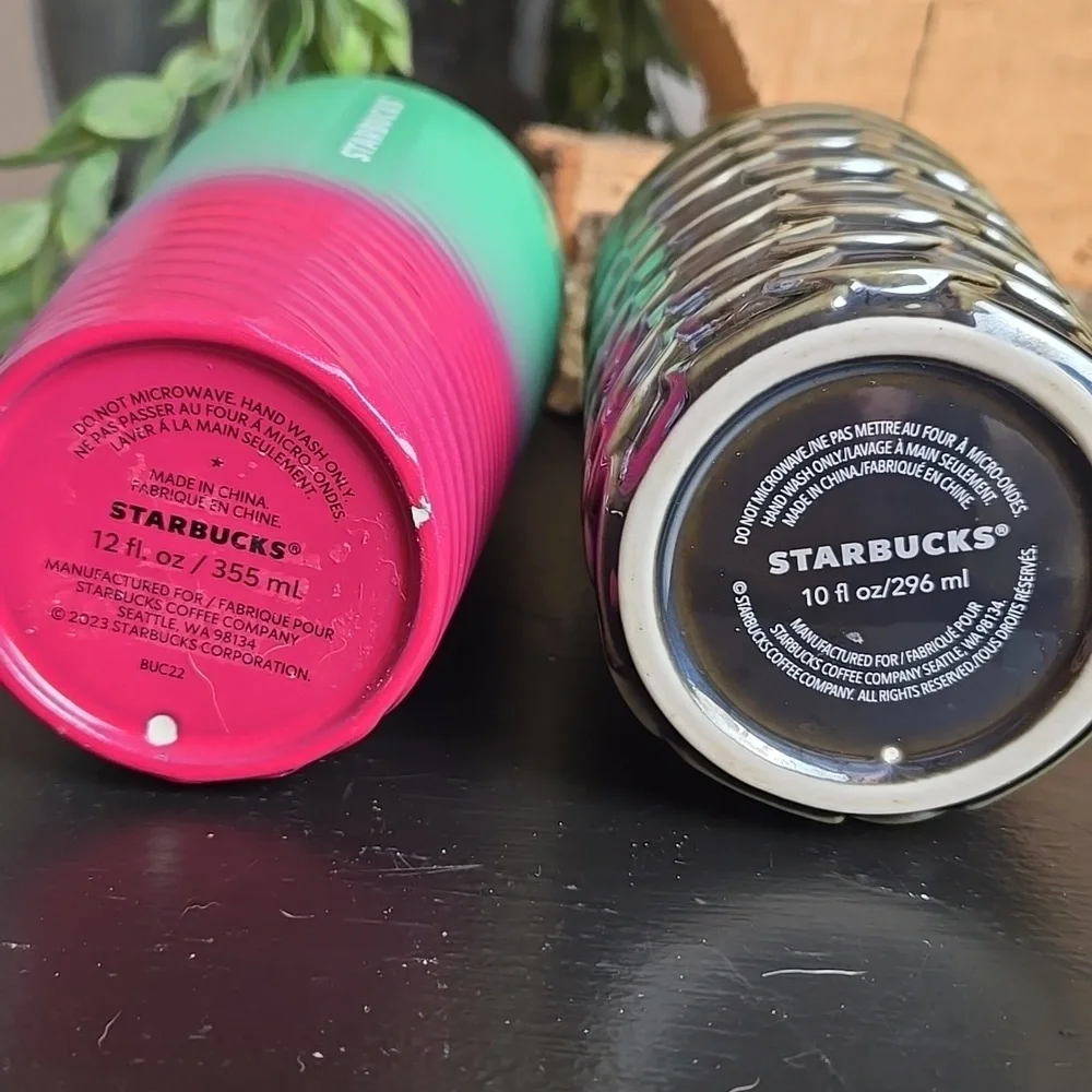 Starbucks Tumblers: Lot Of 2-Ceramic Gun Metal Siren Scale & Petunia Green